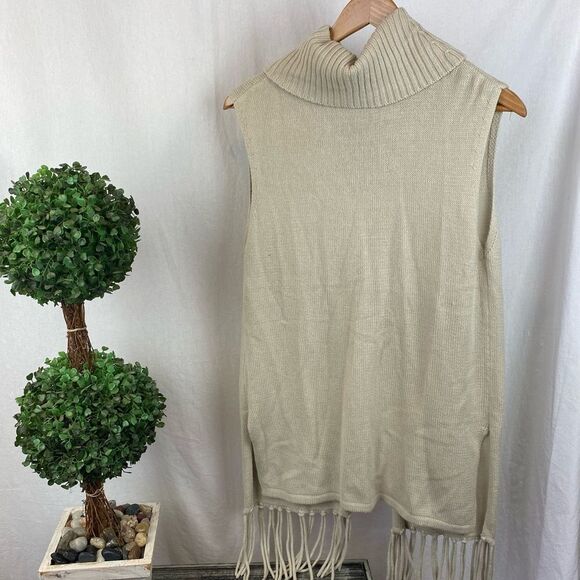 BCBGenerations Tan knit Fringe Trim Sleeveless Tunic Top S NEW - Picture 2 of 8